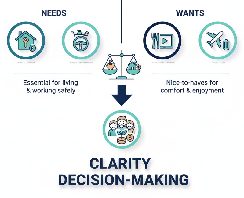 Illustration of needs versus wants in a household budget
